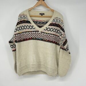 Cocobleu Fair Isle Geometric Print Fuzzy Knit Sweater Women's Size L Cozy Casual